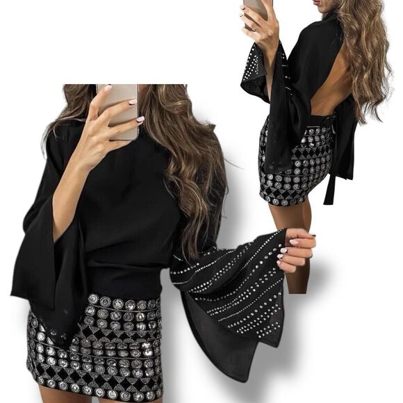 ZARA Blouse XS Black Cape Sleeve Flowy Open Back Rhinestones High Neck 8912 597 - Picture 1 of 13